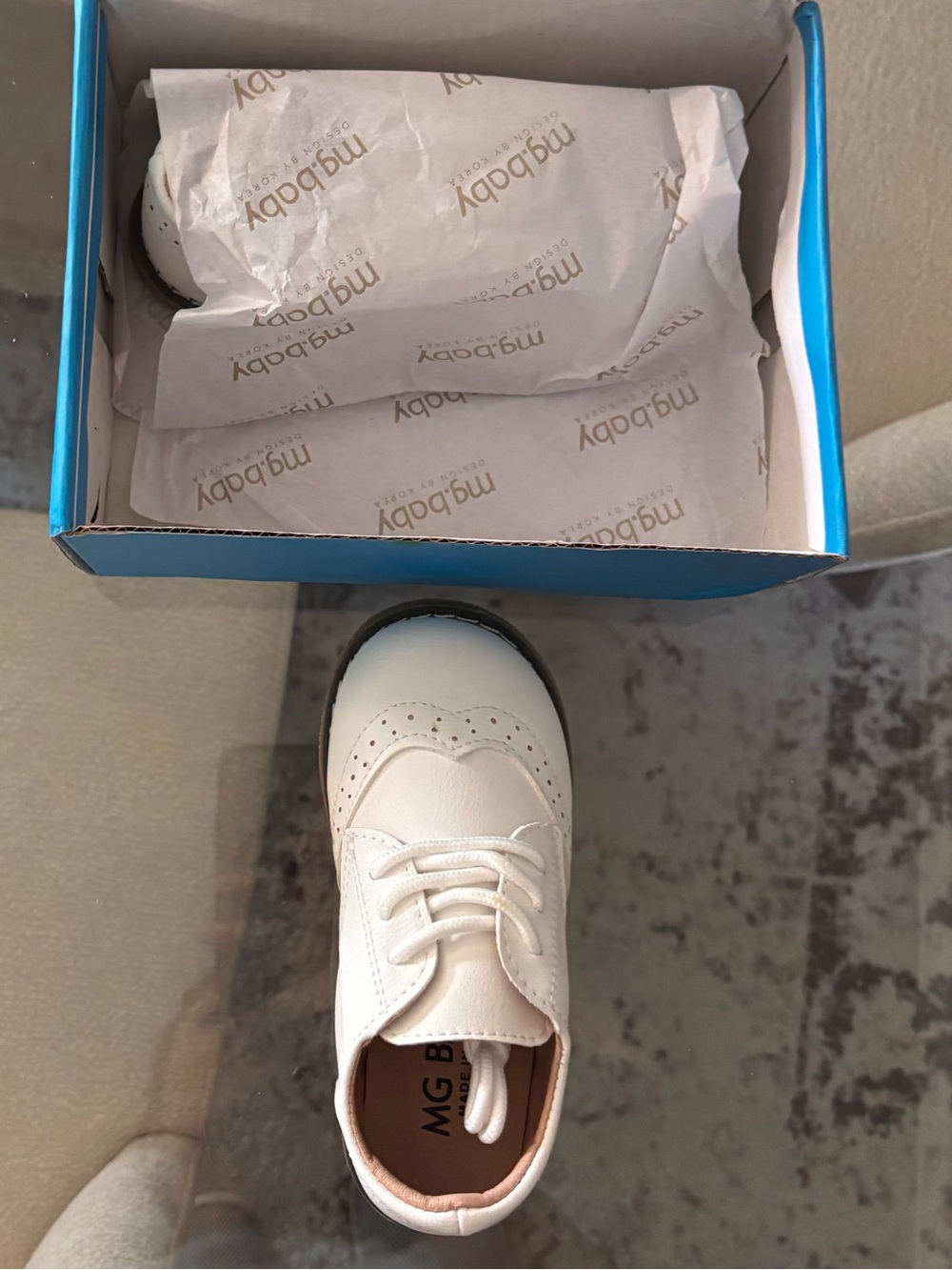 White Kids Leather Dress Shoe with Brogue Detailing